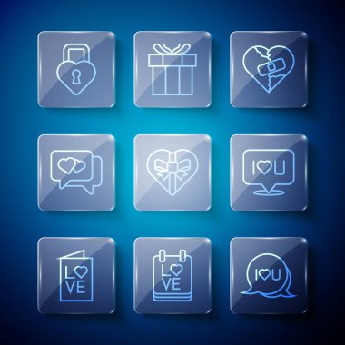 Set line Valentines day party flyer, Calendar with February 14, Speech bubble text I love you, Healed broken heart or divorce, Candy shaped box, Heart speech, Castle the of and  icon. Vector