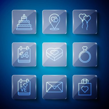 Set line Calendar with February 14, Envelope Valentine heart, Shopping bag, Balloons form of, Candy shaped box, Wedding cake and rings icon. Vector