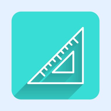 White line Triangular ruler icon isolated with long shadow. Straightedge symbol. Geometric symbol. Green square button. Vector.