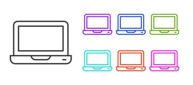 Siyah çizgi dizüstü bilgisayar simgesi beyaz arkaplanda izole edildi. Boş ekran işaretli bilgisayar defteri. Simgeleri renklendirin. Vektör.