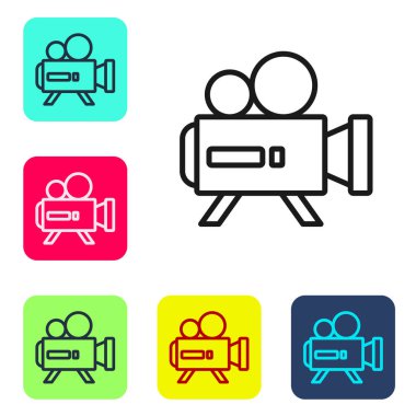 Siyah çizgi Retro sinema kamera ikonu beyaz arkaplanda izole edildi. Video kamera. Film tabelası. Film projektörü. Renkli kare düğmelerle simgeleri ayarla. Vektör