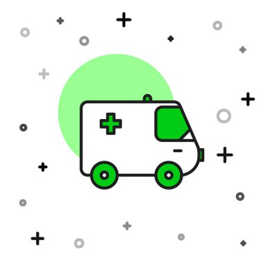 Ana hatları doldurulmuş ambulans ve acil durum arabası simgesi beyaz arka planda izole edilmiş. Ambulans aracı tıbbi tahliye. Vektör