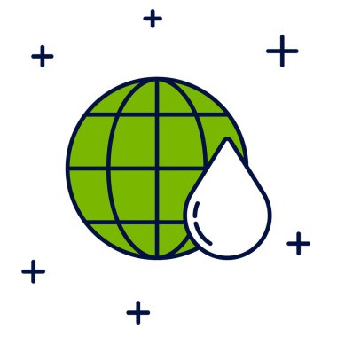 Ana hatlarıyla doldurulmuş Dünya gezegeni beyaz arka planda izole edilmiş su damlası ikonu. Dünya küresi. Su tasarrufu ve dünya çevre koruma. Vektör