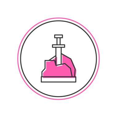 Beyaz arkaplanda izole edilmiş taş ikonundaki ana hatlı kılıç. Taştaki kılıç Excalibur, Arthur efsanelerinden. Vektör