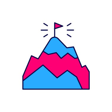 Filled outline Mountains with flag on top icon isolated on white background. Symbol of victory or success concept. Goal achievement.  Vector