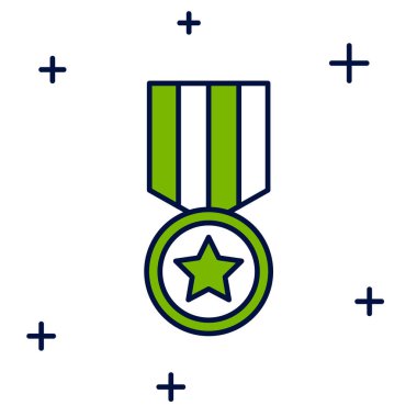 Beyaz arkaplanda izole edilmiş yıldız ikonu ile ana hatları doldurulmuş. Kazanan başarı işareti. Ödül madalyası. Vektör