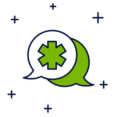 Beyaz arkaplanda izole edilmiş doktor simgesiyle ana hatları doldurulmuş diyalog. Doktor ve hasta diyaloğu. Sağlık hizmetleri hakkında danışmanlık. Vektör.