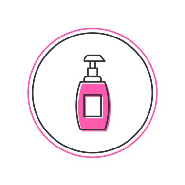 Beyaz arka planda izole edilmiş sıvı antibakteriyel sabun ve şeker ikonu ana hatlarıyla doldurulmuş. Antiseptik. Dezenfeksiyon, hijyen, cilt bakımı. Vektör