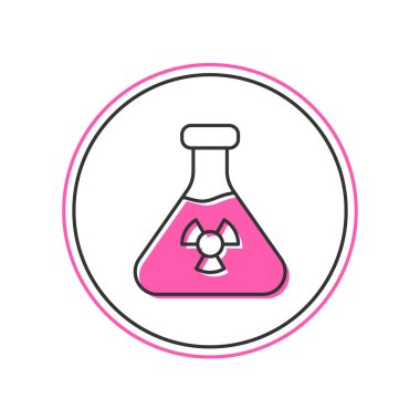 Beyaz arka planda izole edilmiş zehirli sıvı ikonuyla laboratuvar kimyasal deney şişesi doldurulmuş. Biyolojik tehlike sembolü. Radyasyon ikonu olan tehlikeli bir sembol. Vektör.