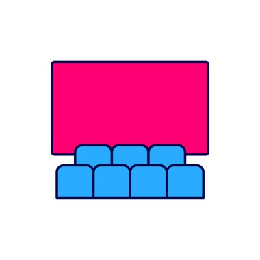 Beyaz arkaplanda izole edilmiş ekran simgesiyle ana hatlı sinema salonu dolduruldu. Vektör.