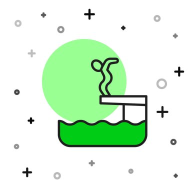 Ana hatlarıyla doldurulmuş yüzücü beyaz arka planda izole edilmiş havuz ikonuna dalıyor. Vektör.