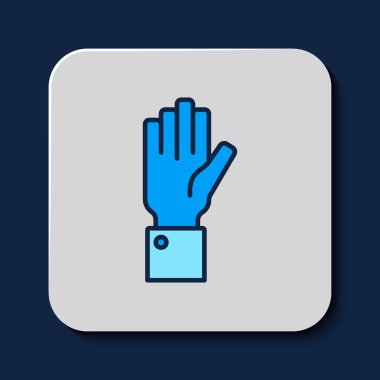 Filled outline Hand holding auction icon isolated on blue background. Bidding concept. Auction competition. Vector.