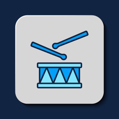 Mavi arkaplanda izole edilmiş baget çubukları simgesi ile ana hatlarıyla doldurulmuş. Müzik işareti. Müzik aleti sembolü. Vektör.