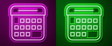 Parlayan neon çizgisi takvim simgesi mor ve yeşil arkaplanda izole edildi. Olay hatırlatma sembolü. Vektör.