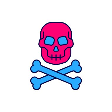 Beyaz arka planda izole edilmiş çapraz iskelet ikonu üzerinde Skull ana hatları doldurulmuş. Mutlu Cadılar Bayramı Partisi. Vektör