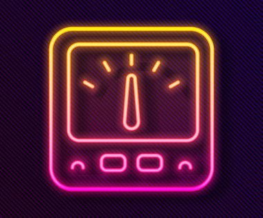 Parlayan neon hattı Ampere metre, multimetre, voltmetre simgesi siyah arkaplanda izole edildi. Elektrik akımını ölçmek için araçlar. Vektör.