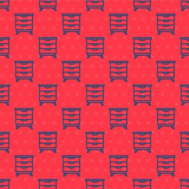 Mavi çizgi mobilya komodininin simgesi kırmızı arkaplanda izole edilmiş. Vektör.