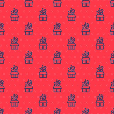 Blue line Gift box with hearts icon isolated seamless pattern on red background. Valentines day. Vector.