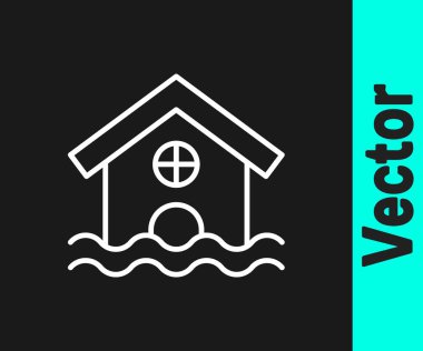 White line House flood icon isolated on black background. Home flooding under water. Insurance concept. Security, safety, protection, protect concept. Vector.