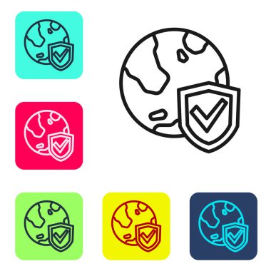 Black line Shield with world globe icon isolated on white background. Insurance concept. Security, safety, protection, privacy concept. Set icons in color square buttons. Vector.