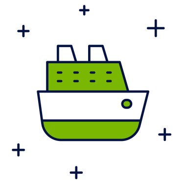 Ana hatları doldurulmuş gemi simgesi beyaz arkaplanda izole edilmiş. Seyahat turizmi deniz taşımacılığı. Yolcu gemisi, yolcu gemisi. Dünya çapında bir gezi. Vektör