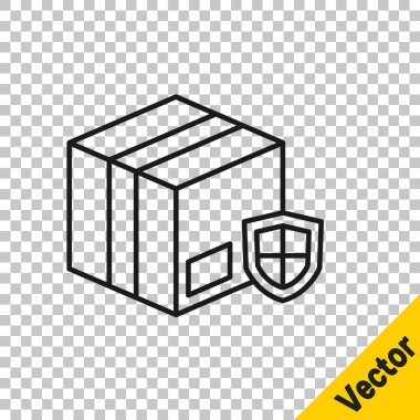 Şeffaf arkaplanda kalkan simgesi olan siyah hat teslimat güvenliği. Teslimat sigortası. Kalkanın ötesinde sigorta kutuları var. Vektör.