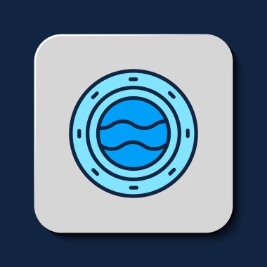 Filled outline Ship porthole with rivets and seascape outside icon isolated on blue background.  Vector
