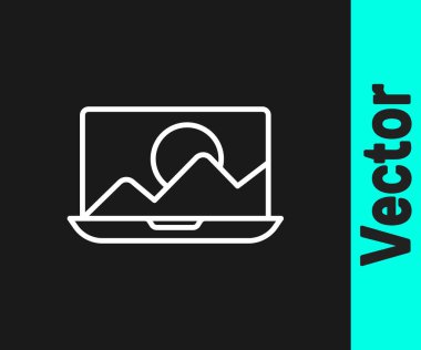 Siyah arkaplanda beyaz çizgi fotoğraf rötuşlama simgesi izole. Fotoğrafçı, fotoğrafçılık, rötuş ikonu. Vektör.