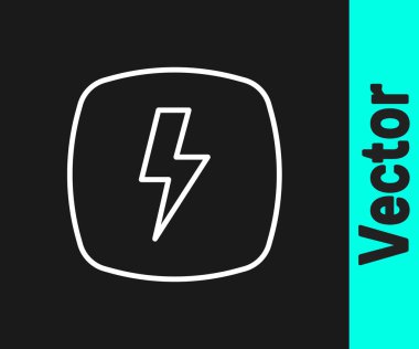 Beyaz çizgi Şimşek simgesi siyah arkaplanda izole edildi. Flaş işareti. Flaş ikonunu yükle. Gök gürültüsü. Yıldırım çarpması. Vektör.