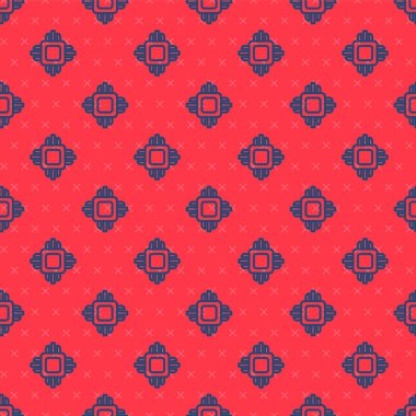 Mikrodevreli mavi çizgi bilgisayar işlemcisi. İşlemci simgesi kırmızı arkaplanda izole edilmiş. Devre kartlı çip ya da işlemci. Mikro işlemci. Vektör.