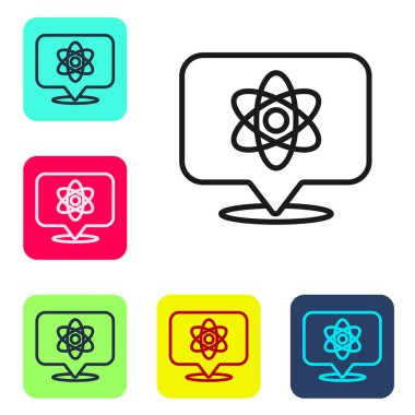 Siyah çizgi Atom simgesi beyaz arkaplanda izole edildi. Bilimin, eğitimin, nükleer fiziğin, bilimsel araştırmaların sembolü. Renkli kare düğmelerle simgeleri ayarla. Vektör.