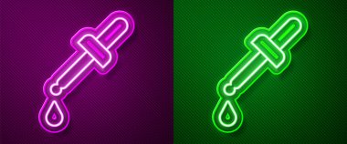 Parlayan neon hattı Pipette simgesi mor ve yeşil arkaplanda izole edildi. Tıbbi elementler, kimya laboratuarı ekipmanları. Tıp sembolü. Vektör.