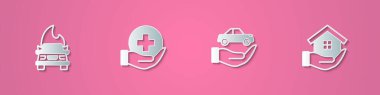 Set paper cut Burning car Life insurance Car and House hand icon. Paper art style. Vector.