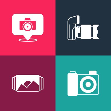 Set pop art Photo camera frame and icon. Vector.