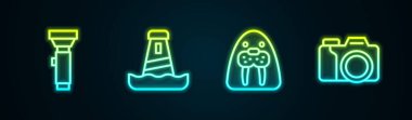Set line Flashlight Lighthouse Walrus animal and Photo camera. Glowing neon icon. Vector.