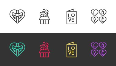 Set line Candy in heart shaped box Gift with hearts Valentines day party flyer and Love text on black and white. Vector.