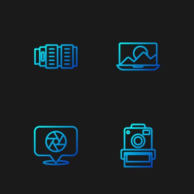 Set line Photo camera Camera shutter photo lens and retouching. Gradient color icons. Vector.
