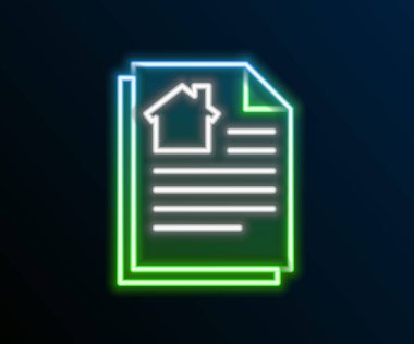 Parlayan neon çizgisi ev sözleşmesi ikonu siyah arka planda izole edildi. Sözleşme oluşturma hizmeti, belge oluşumu, başvuru formu bileşimi. Renkli taslak konsepti. Vektör
