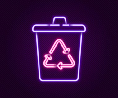 Siyah arkaplanda izole edilmiş geri dönüşüm sembolü simgesiyle parlayan neon hattı geri dönüşüm kutusu. Çöp kutusu simgesi. Çöp kutusu tabelası. Geri dönüşüm sepeti işareti. Renkli taslak konsepti. Vektör