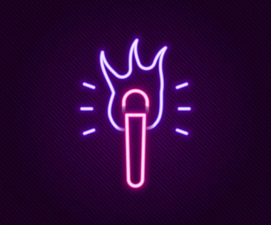 Parlayan neon hattı alev ikonu siyah arkaplanda izole edildi. Sembol ateşi sıcak, alev gücü, alev ve ısı. Renkli taslak konsepti. Vektör