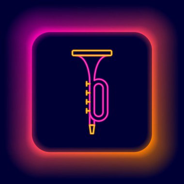 Parlayan neon hattı Trompet simgesi siyah arkaplanda izole edildi. Müzik aleti. Renkli taslak konsepti. Vektör