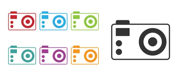 黑色摄影相机图标隔离在白色背景上 脚踏相机 数字摄影 设置彩色图标 — 图库矢量图片
