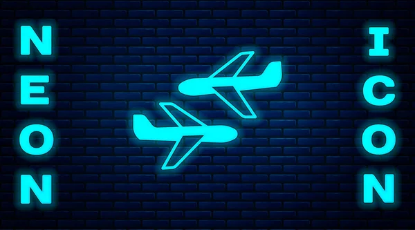 Glödande Neon Plane Ikon Isolerad Tegel Vägg Bakgrund Flygplansikonen Flygplansskylt — Stock vektor