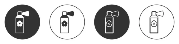 黑色空气清新剂喷雾瓶子图标隔离在白色背景 空气清新剂气溶胶瓶 圆形按钮 — 图库矢量图片
