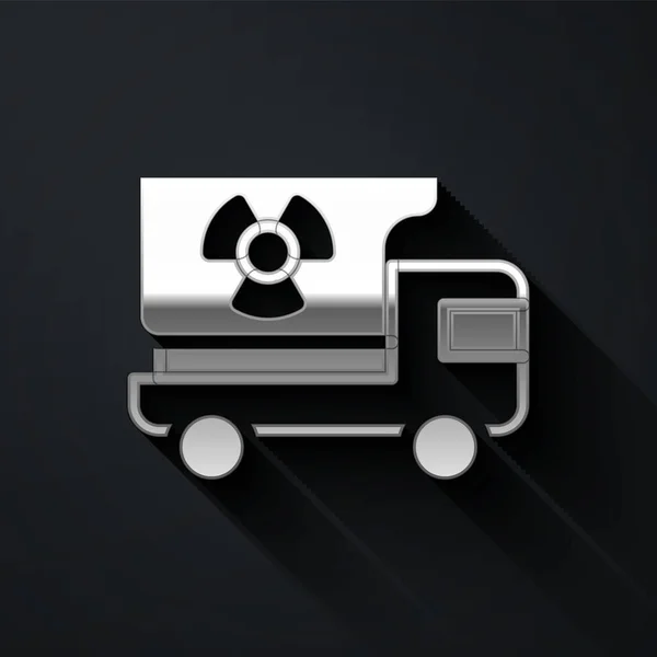 银色卡车与辐射材料图标隔离在黑色背景 长影子风格 — 图库矢量图片