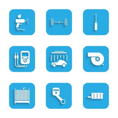 Araba yıkama, motor pistonu, egzoz susturucusu, otomotiv turbo şarj aleti, radyatör soğutma sistemi, çok ölçer, tornavida ve boya spreyi ikonu. Vektör