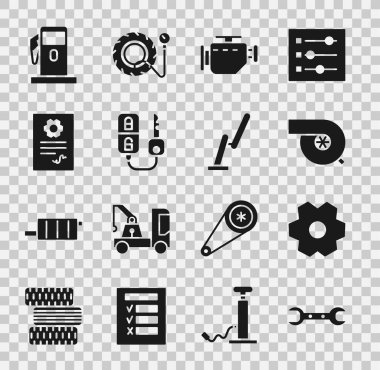 Anahtarı, Gear 'ı, otomotiv turbo şarjını, motoru, uzaktan kumandalı araba anahtarını, servis kontrolü otomobili, benzinci ya da benzin istasyonunu ve cam sileceği simgesini ayarla. Vektör