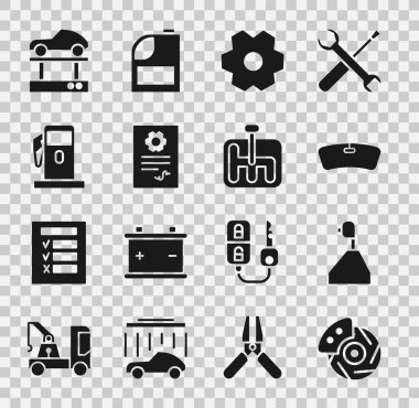 Otomobil fren diskini kalibre, vites kolu, ön kalkan, otomatik kontrol otomobili, benzinci ya da benzin istasyonu, araba kaldırma ve ikon ile ayarla. Vektör