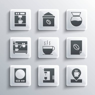 Kahve makinesi, kahve fincanı, poster, elektronik teraziler ve üzerine dökme ikonu olan yer. Vektör