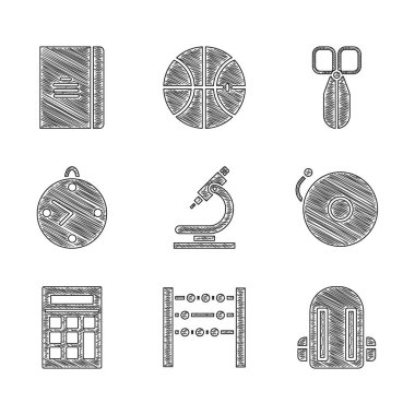 Mikroskop, abaküs, okul çantası, alarm zili, hesap makinesi, saat, makas ve spiral defter simgesi. Vektör